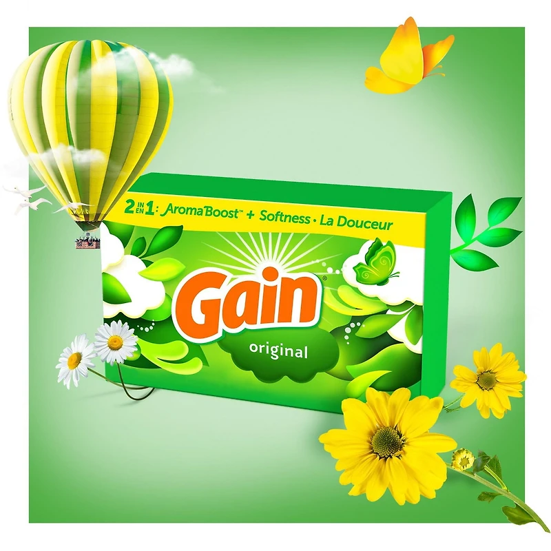 Gain dryer sheets, Original Scent Laundry Fabric Softener Sheets with 2-in-1 Aromaboost Plus Softness, 120 Sheets
