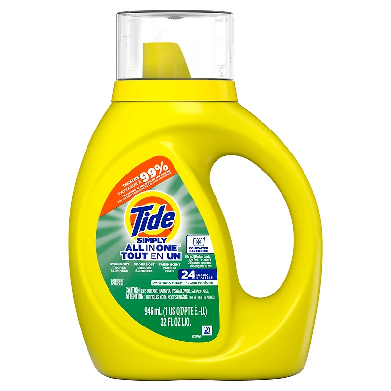 Tide Simply All-In-One Liquid Laundry Detergent, Daybreak Fresh Scent, 24 Loads, 946 mL