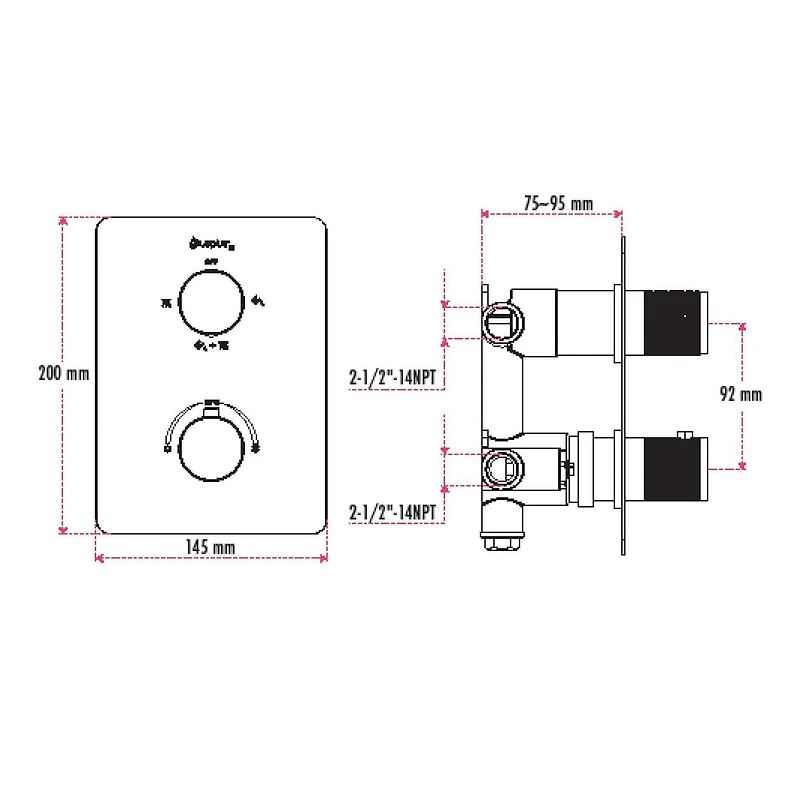 The akuaplus® - square and round thermostatic faucet valve with 3-way diverter (2 ways + combo) come with the trim and handle in solid brass
