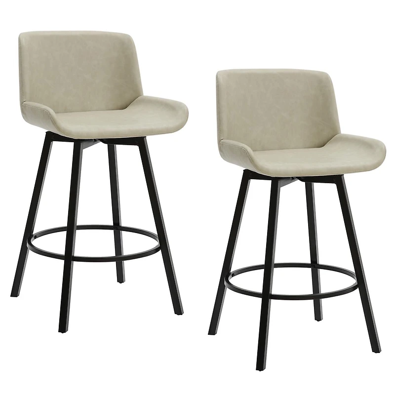 Tabouret de Comptoir, 26 po, avec Siège Pivotant, Jeu de 2, Moderne en Similicuir et Métal - Ivoire d'Époque et Noir