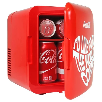 Coca-Cola Mini réfrigérateur portable 4 L, mini refroidisseur/réchauffeur 6 canettes pour les voyages, le bureau et la maison - Rouge