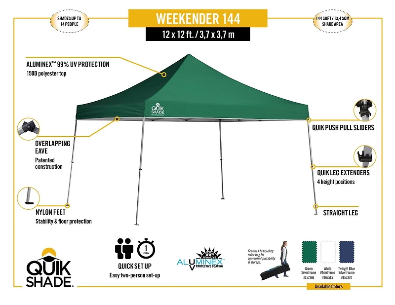 Quik Shade 12' x 12' Weekender Elite 144 Square Feet of Shade Straight Leg Base Outdoor Pop-up Canopy, Twilight Blue