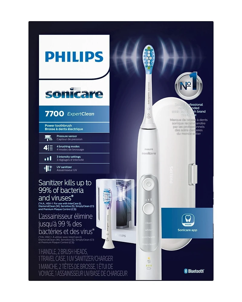 Philips Sonicare ExpertClean 7700 Rechargeable Electric Toothbrush with UV Sanitizer, White with Silver, HX9630/16