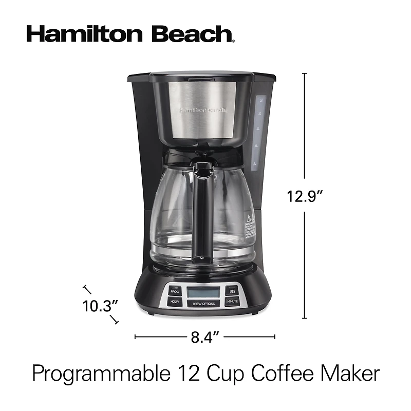 Hamilton Beach Cafetière programmable 12 tasses, accents en acier inoxydable, 49630