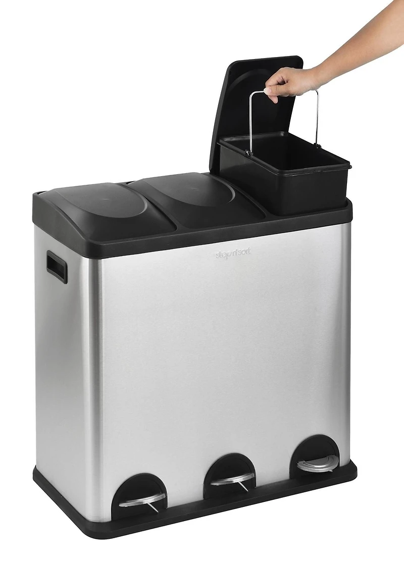 Step N’ Sort poubelle 60 L à 3 compartiments – système de tri cuisine (déchets, recyclage et compost), pédales mains libres, acier inoxydable avec bacs amovibles