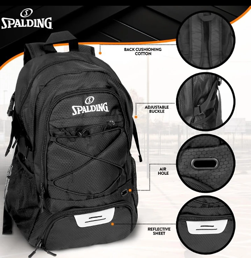 Sac à dos Spalding pour adolescents et adultes 30L noir compartiments multiples avec poche ventilée
