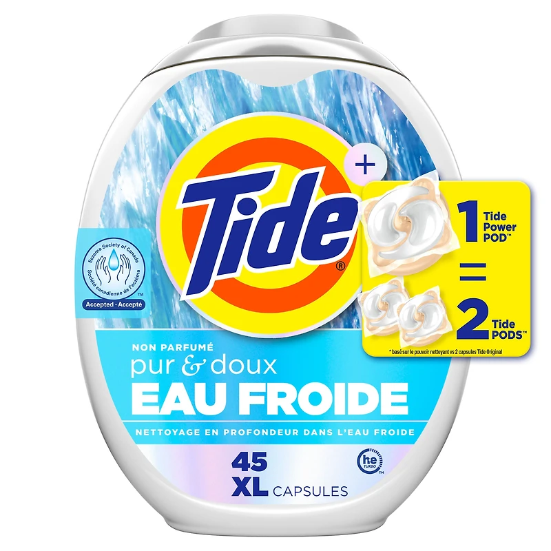 Capsules de détergent à lessive Tide PODS Pur et doux Eau froide, capsules de détergent à lessive hypoallergénique, 45 capsules TIDE TD PWRPOD P&D EF 45C