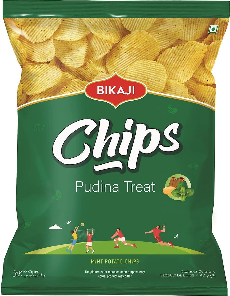 LES CHIPS PUDINA TREAT BIKAJI CROUSTILLES DE POMMES DE TERRE AROMATISEES AVEC UN PEU DE MENTHE ET D'AUTRES EPICES