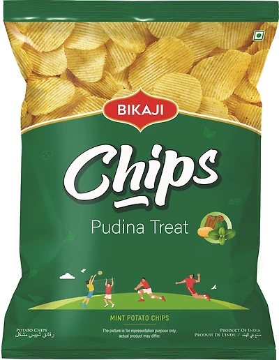 LES CHIPS PUDINA TREAT BIKAJI CROUSTILLES DE POMMES DE TERRE AROMATISEES AVEC UN PEU DE MENTHE ET D'AUTRES EPICES