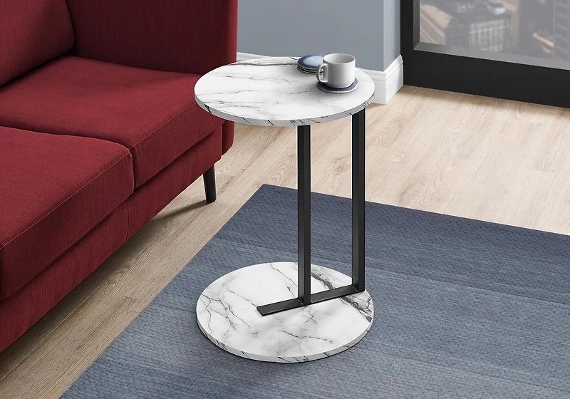 Monarch Specialties Accent Table, Side, Round, End, Nightstand, Lamp, Living Room, Bedroom, White Marble Look Laminate, Black Metal, Contemporary, Modern