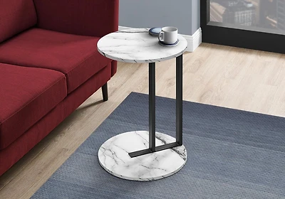 Monarch Specialties Accent Table, Side, Round, End, Nightstand, Lamp, Living Room, Bedroom, White Marble Look Laminate, Black Metal, Contemporary, Modern