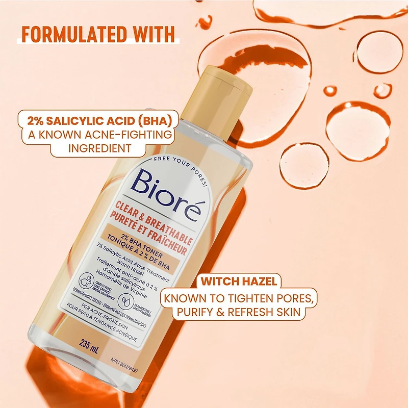 Bioré Pore Clarifying Toner with Witch Hazel, Salicylic Acid Facial Skin Care for Acne Prone Skin, 235mL