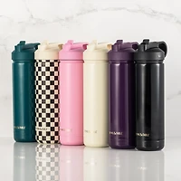 Bouteille d'eau Thyme & Table de 77 cl avec couvercle en paille, bleu sarcelle et breloque fleur dorée