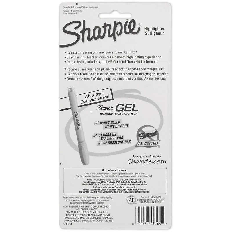 Surligneurs à réservoir Sharpie, pointe biseautée, jaune 4 pièces