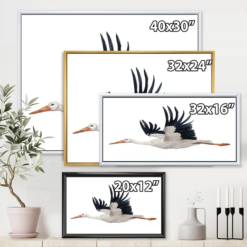 Designart Flying White Stork Ciconia oiseau ART MURAL À CADRE FLOTTÉ