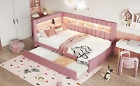 Noble House Upholstered Twin Size Platform Bed with USB Ports and LED Belt, With Trundle, Pink