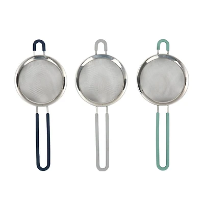 Mainstays Stainless Steel 3” Strainer with Silicone Coated Handle in Blue Grey or Teal