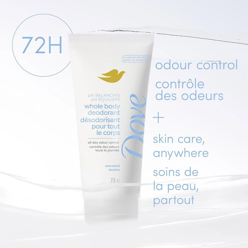 Dove Whole Body Deodorant Cream Aluminum Free, PH Balancing Hypoallergenic Unscented, 73 mL