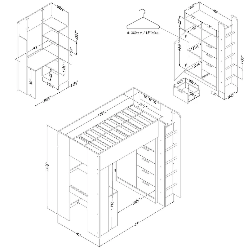 Lit mezzanine avec bureau de la collection Logik South Shore