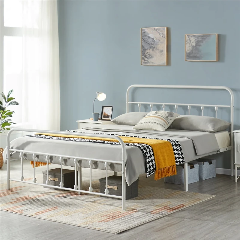 Fullfurnique Lit de plateforme métallique avec tête et pied de lit hauts pour adultes, Twin, Blanc