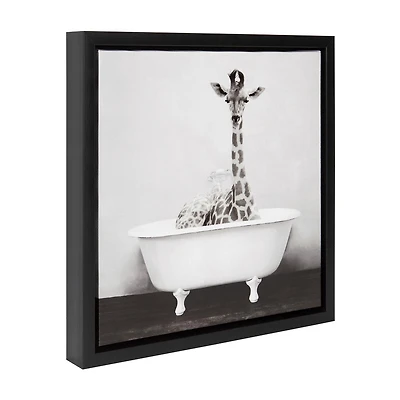 DesignOvations Baby Giraffe in the Tub Framed Canvas Wall Art, 14" x 14"