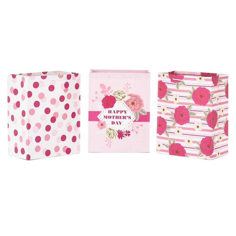 Paquet de 3 grands sacs-cadeaux de 11 po – Hallmark (« Happy Mother's Day », pois roses, fleurs roses)