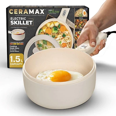 Cuiseur Électrique Ceramax Beige 1,5L Céramique Antiadhésive Froid au Toucher avec Couvercle et Panier Vapeur Mini Poêle Marmite Chaude Électrique