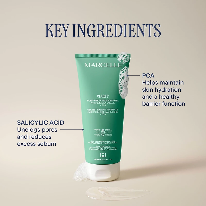 Marcelle Clari-T Purifying Cleansing Gel with 1% Salicylic Acid + PCA, 200mL, Clarifying. Exfoliating. Nourishing.