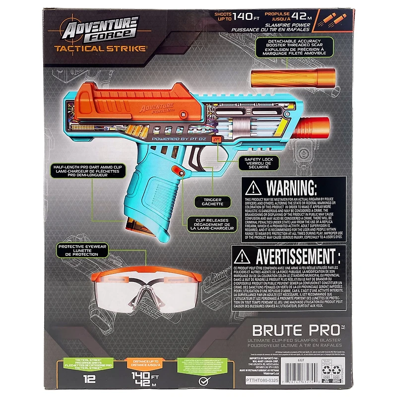Adventure Force Tactical Strike Brute Pro Ultimate Slamfire, lance-fléchettes demi-longueur alimenté par chargeur, tire jusqu'à 145 pieds, ensemble de 17 blasters Pro avec booster de précision, 14+ Libérez la puissance du tir avec le seul blaster professionnel portable alimenté par chargeur.