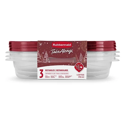 Contenants de conservation des aliments Rubbermaid TakeAlongs, 4 tasses, rouge rhubarbe des fêtes, paquet de 3