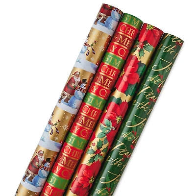 Hallmark Reversible Christmas Wrapping Paper Bundle, Traditional (Pack of 4, 150 sq. ft. ttl.)