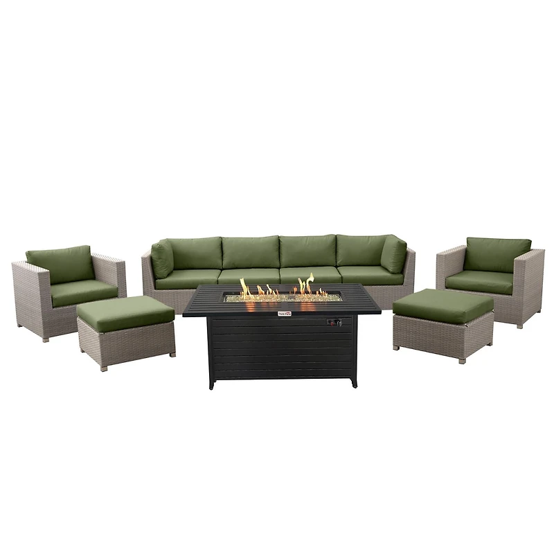 Chambers Bay Collection Ensemble de conversation de patio en aluminium 9 pièces avec coussins verts et table à feu rectangulaire