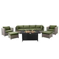 Chambers Bay Collection Ensemble de conversation de patio en aluminium 9 pièces avec coussins verts et table à feu rectangulaire
