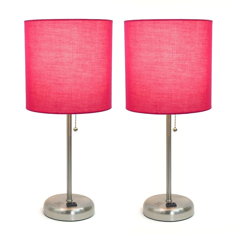LimeLights Brushed Steel Stick Lamp with Charging Outlet and Fabric Shade 2 Pack Set
