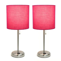 LimeLights Brushed Steel Stick Lamp with Charging Outlet and Fabric Shade 2 Pack Set
