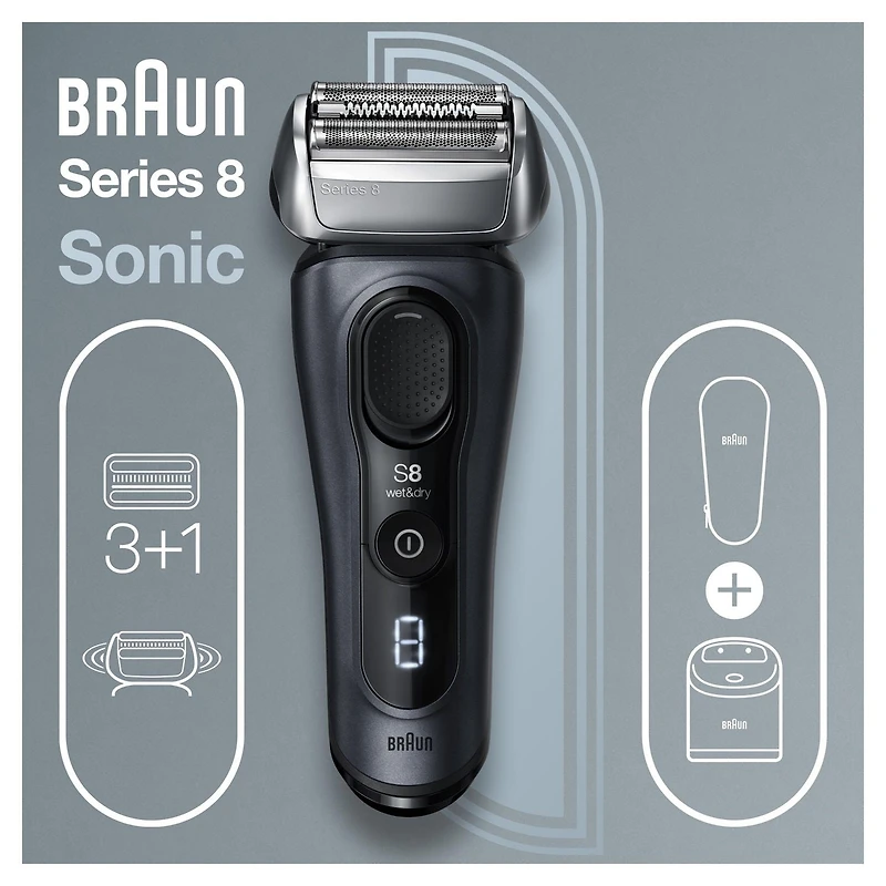 Rasoir électrique Braun Series 8 8453cc pour homme, tête 3+1 avec tondeuse de précision, rasoir électrique, technologie sonique et tête d’adaptation à 40°, centre SmartCare 5 en 1, utilisation sur pea