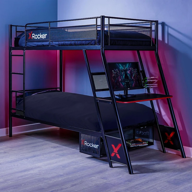 X Rocker Lit superposé Armada Twin over Twin Gaming avec bureau de jeu intégré, noir, Twin/Twin