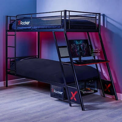 X Rocker Lit superposé Armada Twin over Twin Gaming avec bureau de jeu intégré, noir, Twin/Twin