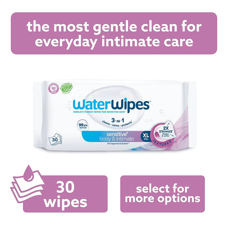 WaterWipes Sensitive+ Body & Intimate Wipes, 3-In-1 Cleans, Cares, Protects, 99.9% Water, Unscented & Hypoallergenic Hygiene Wet Wipes, Adult Care, 30 Count