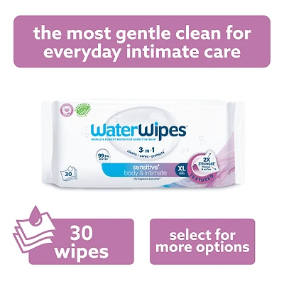 WaterWipes Sensitive+ Body & Intimate Wipes, 3-In-1 Cleans, Cares, Protects, 99.9% Water, Unscented & Hypoallergenic Hygiene Wet Wipes, Adult Care, 30 Count