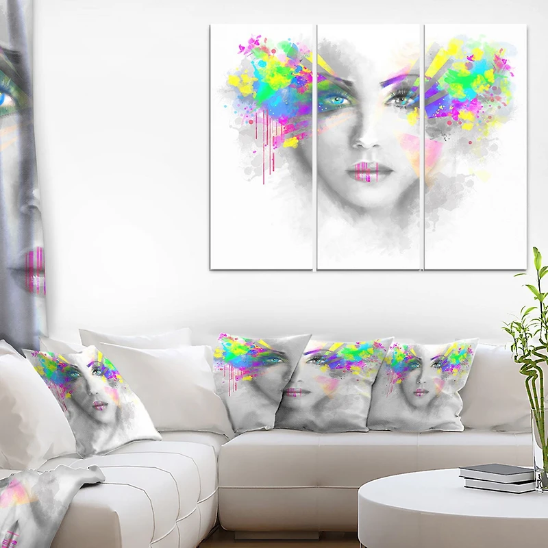 Design Art Femme Grise Avec Fleurs Vertes Art Sur Toile