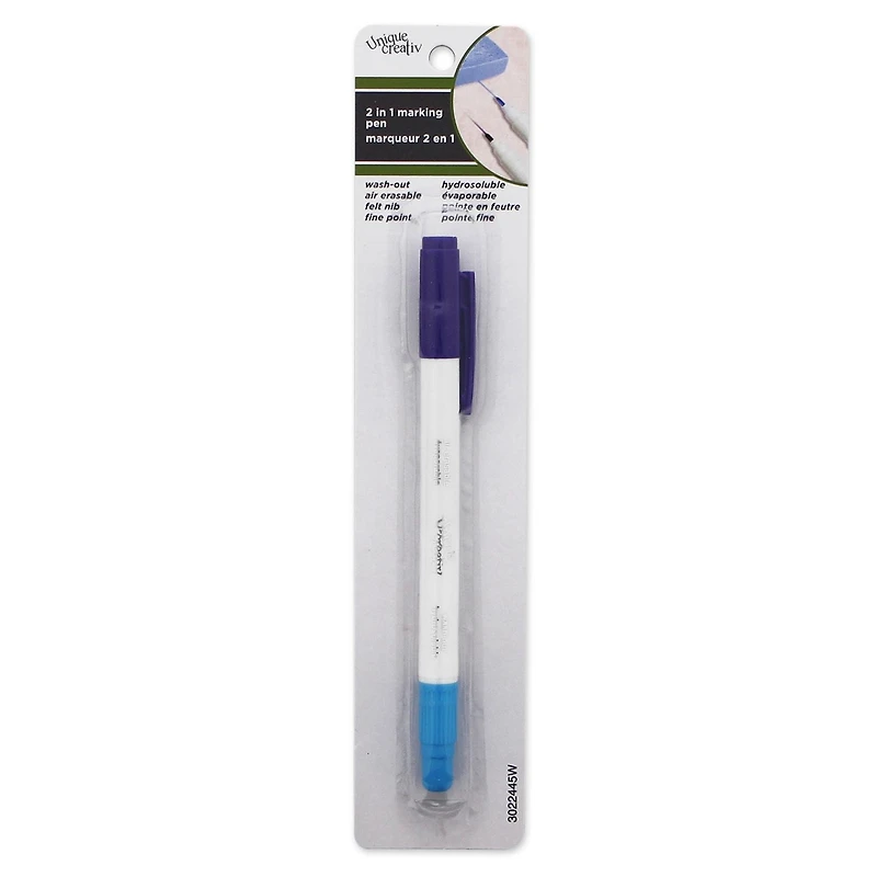 UNIQUE SEWING 2‑in‑1 Dual‑Tip Marking Pen — Wash‑Out (Blue) & Air‑Erasable (Purple), Fine