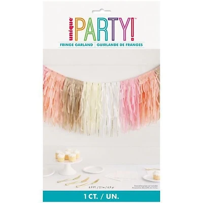 Guirlande à franges en tissu rose et blanc et feuille d'or Mesure 6,9 ​​pieds, 2,1 m