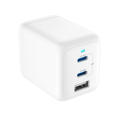 Chargeur mural multi-ports onn 62 W, ​​charge rapide, USB-C/USB-A, certifié USB-IF, prise pliable, blanc