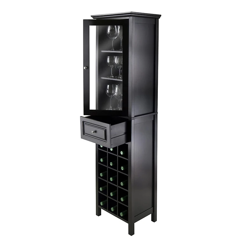 Winsome Burgundy Wine Cabinet 15-Bottle, Glass Door, Black Finish