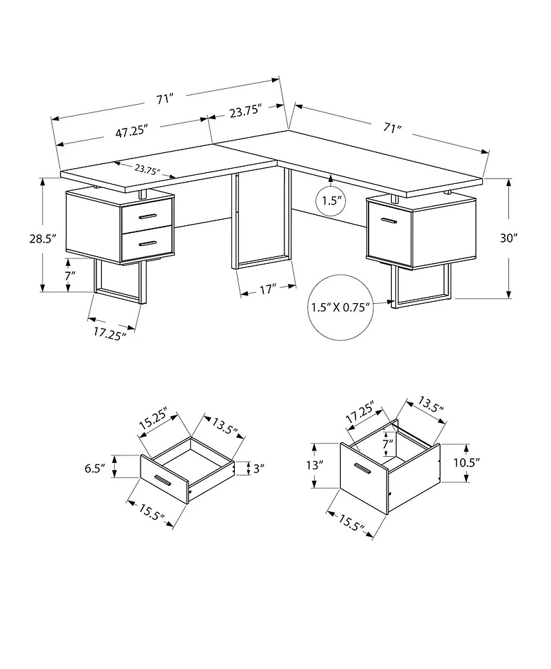 Monarch Specialties Bureau, Bureau À Domicile, Coin, Configuration Gauche, Droite, Tiroirs De Rangement, 70"l, Forme De L, Travail, Ordinateur Portable, Métal, Stratifié, Brun, Gris, Contemporain, Mod