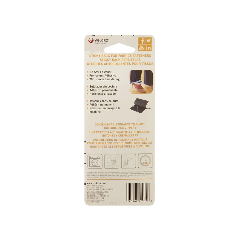Attaches autocollantes VELCRO® Brand en noir pour tissu 6 x 4 po (15,2 cm x 10,1 cm)