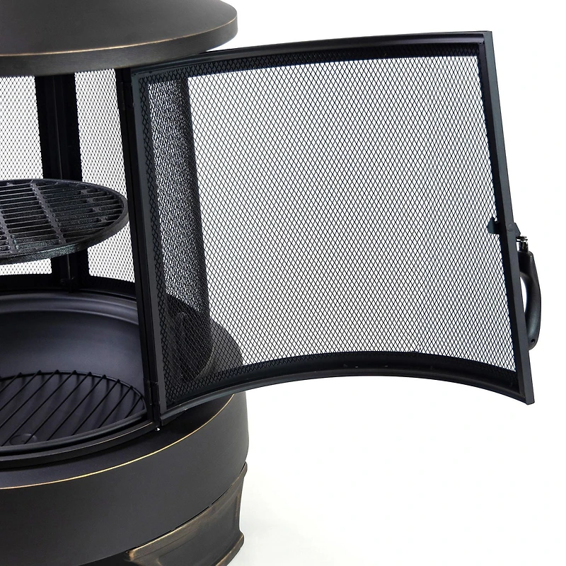 Deko Living Foyer de cheminée à bois en acier d'extérieur de 30 pouces de diamètre avec grille de cuisson en fonte et tisonnier