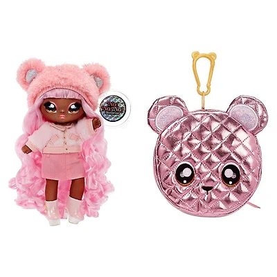 Poupée-mannequin Na Na Na Surprise 2 en 1 et sac à main métallique de la série Glam - Cali Grizzly, poupée aux cheveux roses avec un sac à main ourson rose