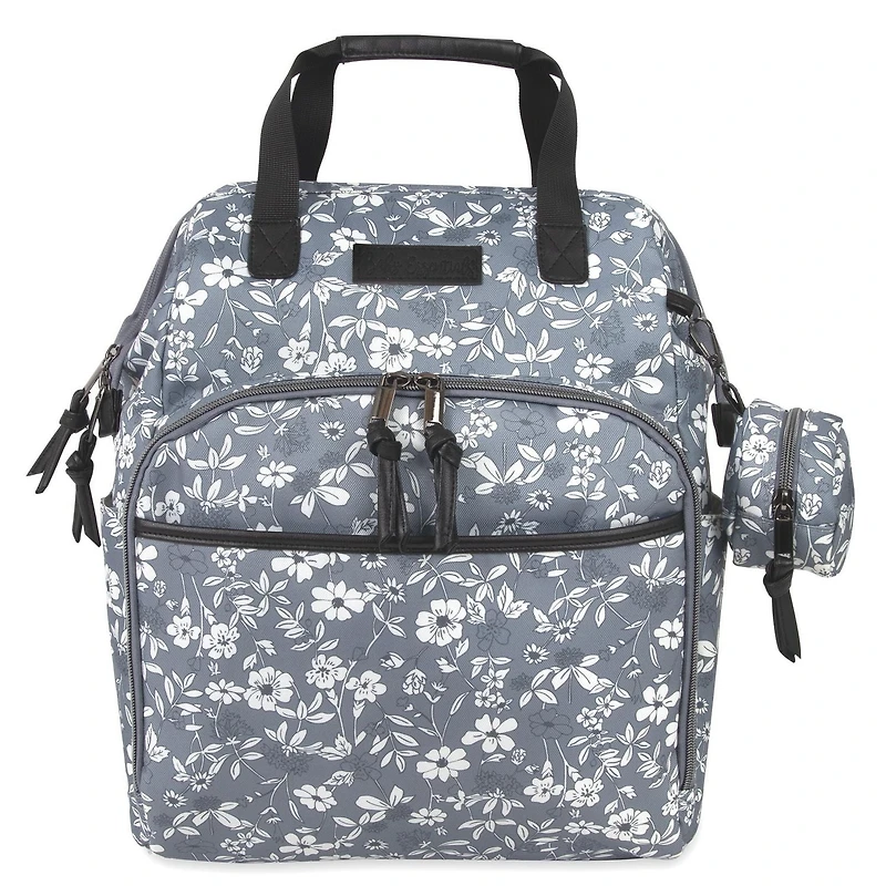 Baby Essentials Super Cooler Main Frame Dual Zipper Closure Diaper Bag Backpack Tote with Matching Changing Pad, Insulated Bottle Pockets, Stroller Straps and Pacifier Pouch in Grey Floral, 11 pockets